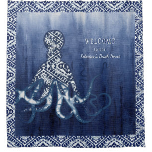 Rideaux De Douche Beach House Octopus Shibori Ombre Motif Indigo