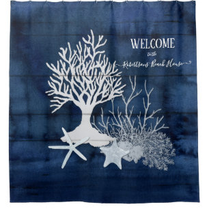 Rideaux De Douche Beach Navy White Welcome Aquarelle Corail Starfish