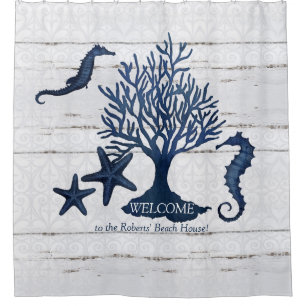Rideaux De Douche Beach Shore Navy Blue Nom de famille Seahorse Cora