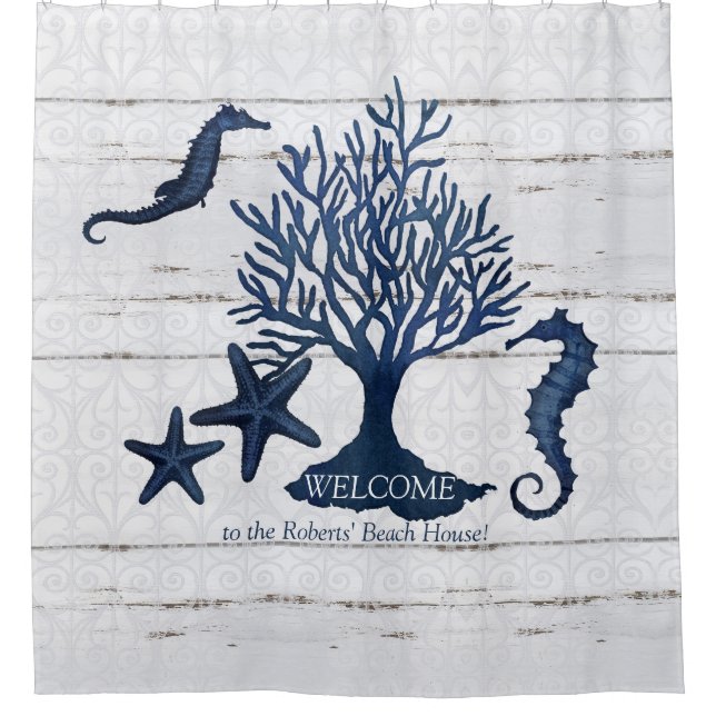 Rideaux De Douche Beach Shore Navy Blue Nom de famille Seahorse Cora (Devant)