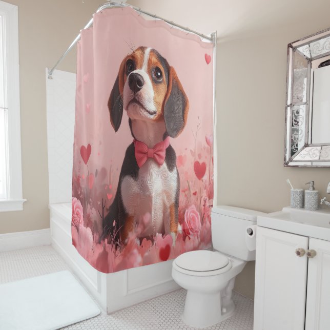 Rideaux De Douche Beagle avec Rose - Saint Valentin (En situation)