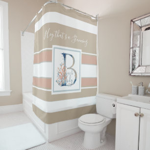 Rideaux De Douche Beau corail côtier et monogramme bleu rayé