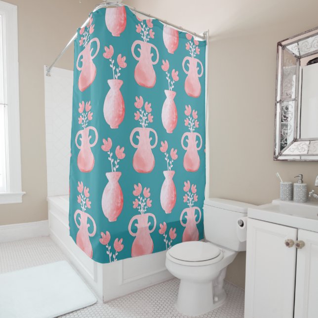 Rideaux De Douche Beau motif rose floral sur bleu (En situation)