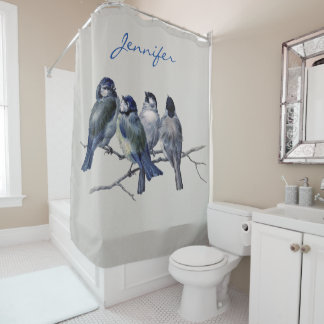 Rideaux De Douche Beau Oiseaux bleus et gris sur une Vintage