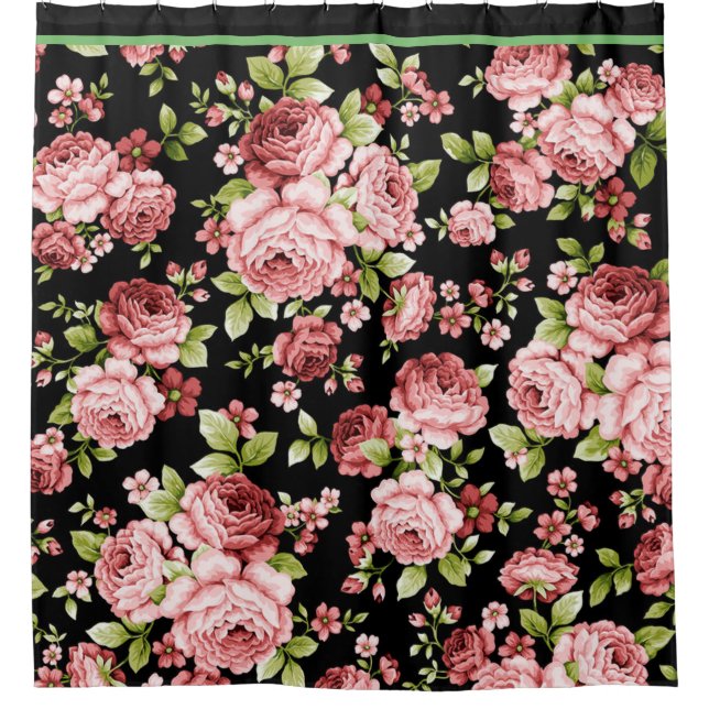 Rideaux De Douche Beau Roses à motifs floraux avec feuillage vert (Devant)