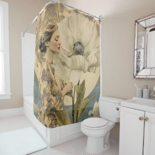Rideaux De Douche Beauté Lune - Femme avec Fleur Blanche et Lune