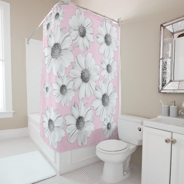 Rideaux De Douche Beautiful Elegant White Daisies on soft pink (En situation)