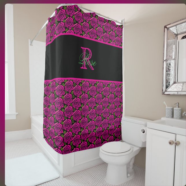 Rideaux De Douche Beautiful Girly Hot Pink Roses Name Monogram  (Créateur téléchargé)