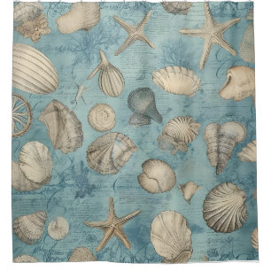 Rideaux De Douche Beaux Coquillages Vintages En Bleu