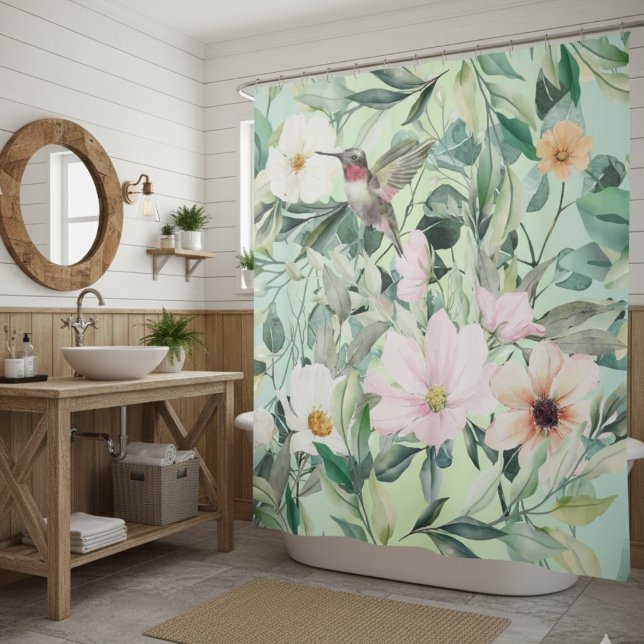 Rideaux De Douche Beaux Fleurs sauvages botaniques et colibri (Créateur téléchargé)