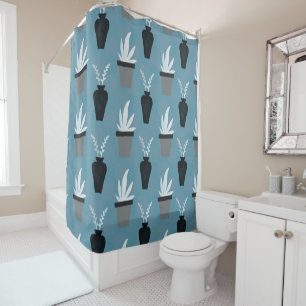 Rideaux De Douche Beaux Plantes en Pots Bleu, Gris et Blanc