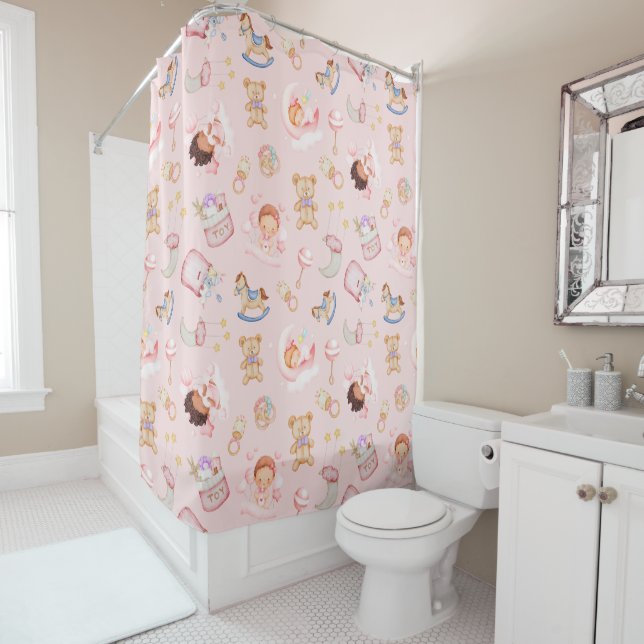 Rideaux De Douche Bébé Fille Lune Star Ours Jouets Arrière - plan ro (En situation)