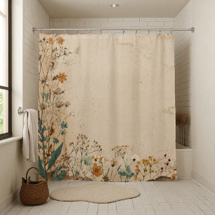 Rideaux De Douche Beige Bordure Rustique Bohème Fleur Sauvage