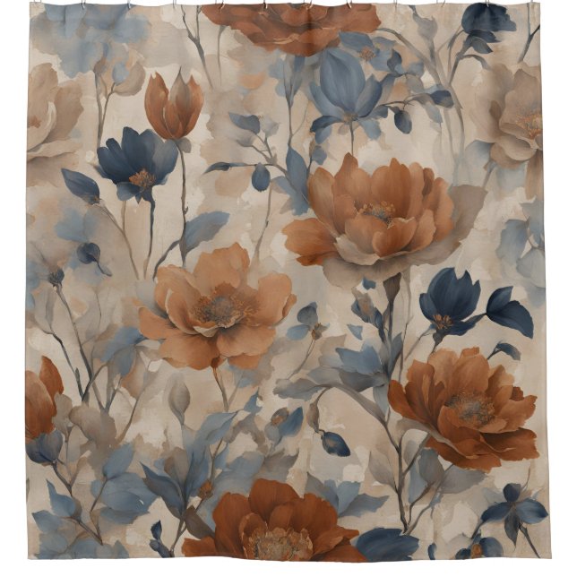 Rideaux De Douche Beige Brûlé Orange Dusty Marine Bleu Floral (Devant)