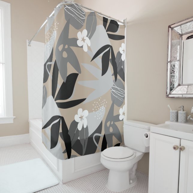 Rideaux De Douche Beige Gris Noir & Blanc Motif botanique moderne (En situation)