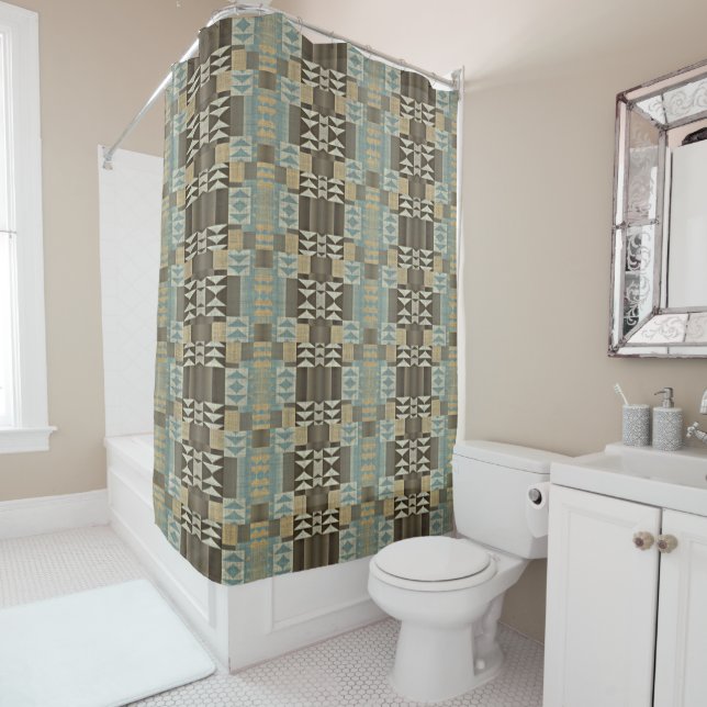 Rideaux De Douche Beige Turquoise Bleu Vert Taupe Brown Motif tribal (En situation)