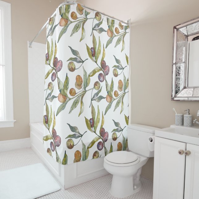 Rideaux De Douche Belle Aquarelle Italienne Olives Motif Blanc (En situation)