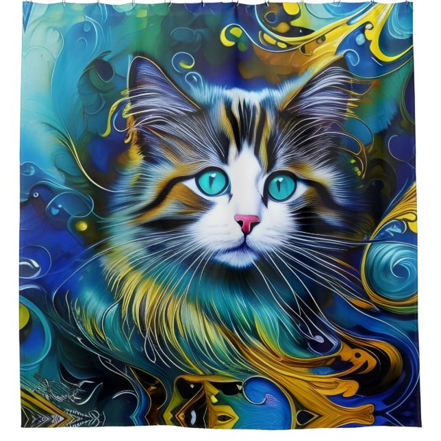 Rideaux De Douche Belle Chat Mystique en Blues et Golds (Devant)