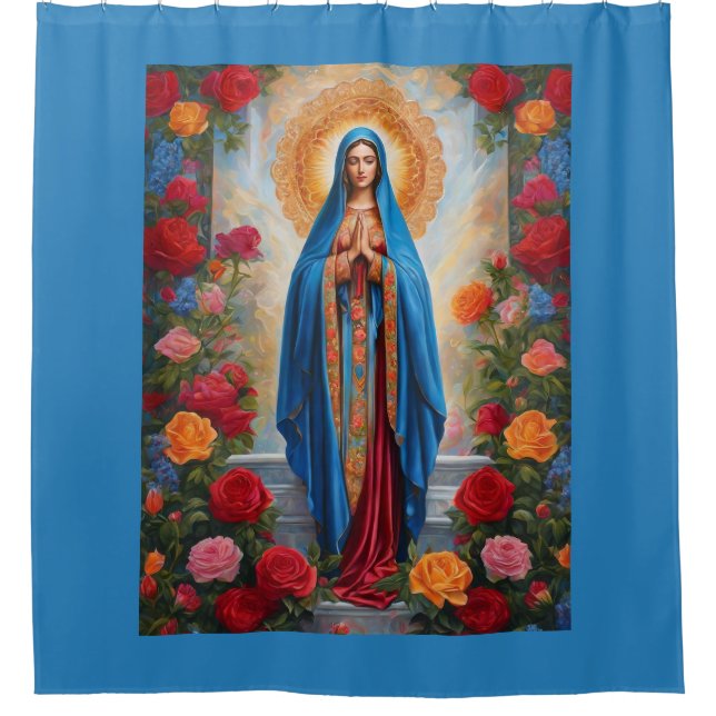 Rideaux De Douche Belle Vierge Marie En Robe Bleue avec Halo (Devant)