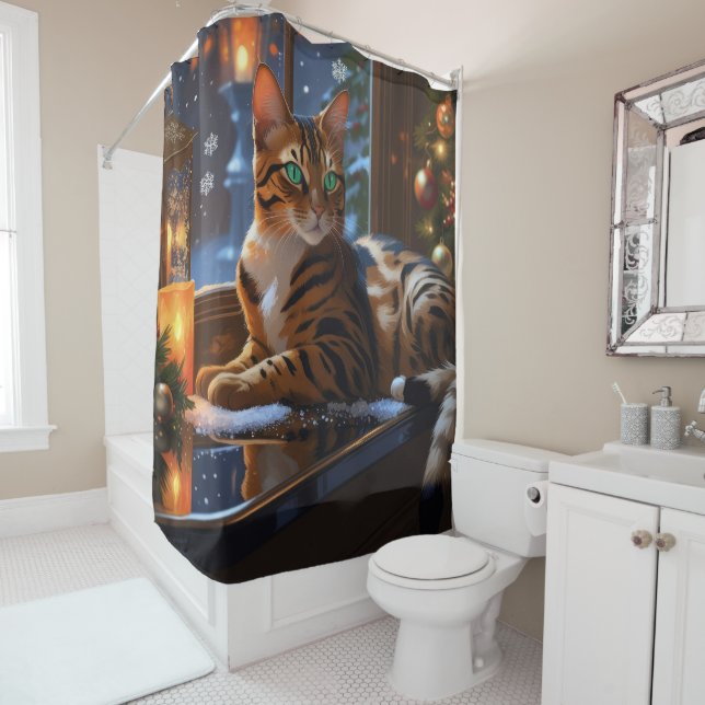 Rideaux De Douche Bengal Cat With Christmas Lights Holiday (En situation)