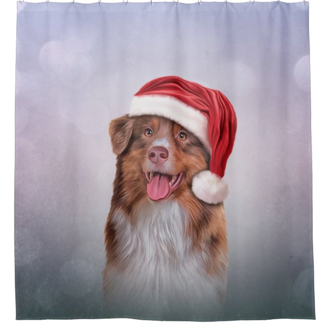 Rideaux De Douche Berger australien en casquette rouge du Père Noël  (Devant)
