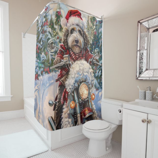 Rideaux De Douche Bernedoodle Chien équitation Moto Noël (En situation)