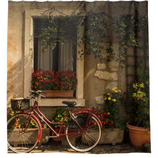 RIDEAUX DE DOUCHE BICYCLETTE APPUYÉE SUR LA MAISON (Devant)