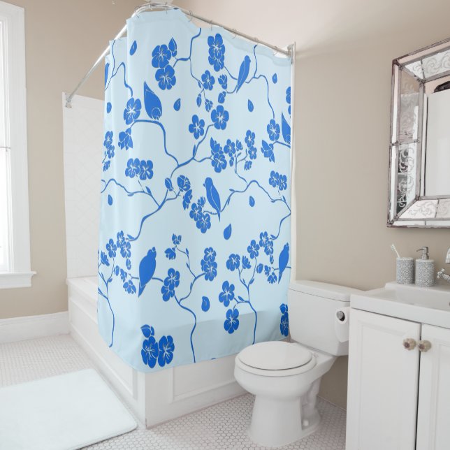 Rideaux De Douche Birds on Cherry Blossoms Blue on Blue (En situation)