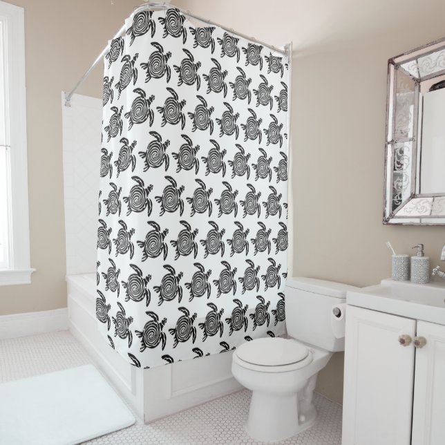 Rideaux De Douche Black and White Tribal Turtle Art (En situation)