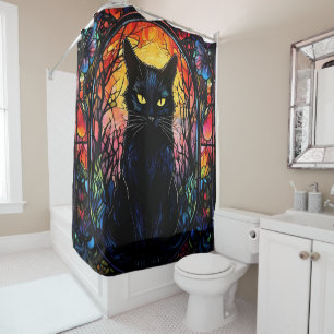 Rideaux De Douche Black Cat Vitrail Rouge Éffrayant