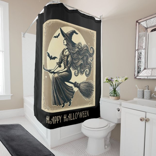 Rideaux De Douche Black, Elegant sorcière sur chambre, Halloween Vin (Créateur téléchargé)