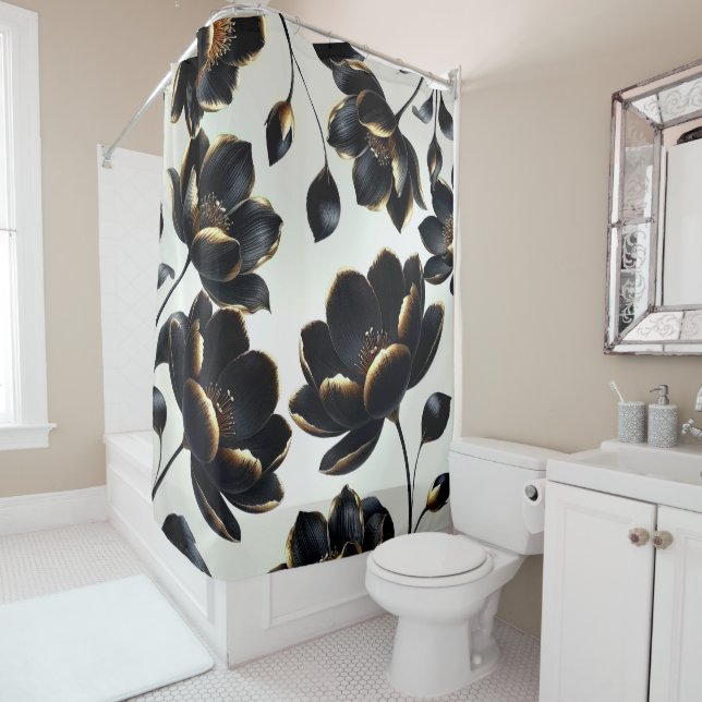 Rideaux De Douche Black & Gold Floral Greige Elegant Dark Moody (En situation)
