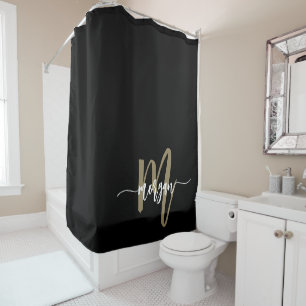 Rideaux De Douche Black Gold Modern Script Girl Monogramme Nom