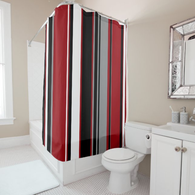 Rideaux De Douche Black, Gray Red and White Stripes (En situation)