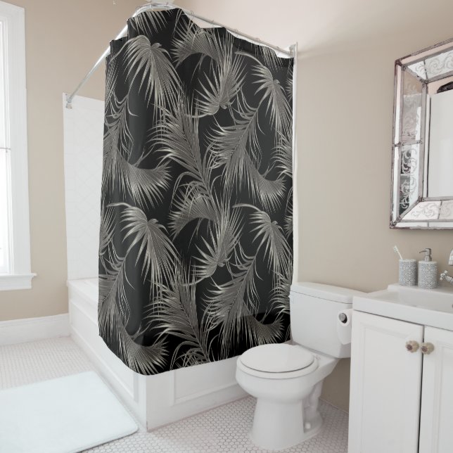 Rideaux De Douche Black Palm Luxe Look Tropical Motif (En situation)