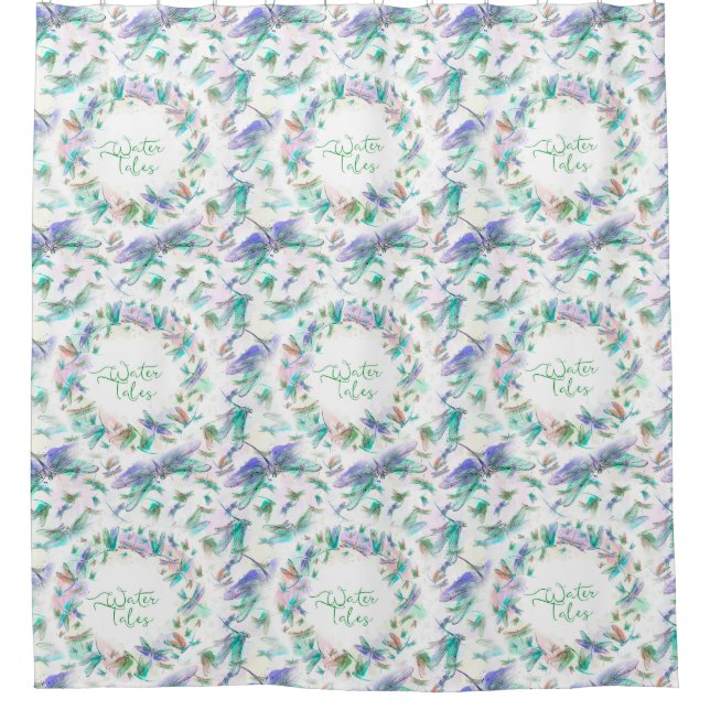 Rideaux De Douche Blanc bleu de lavande turquoise de libellules (Devant)