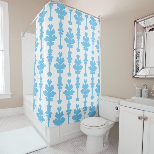 Rideaux De Douche Blanc & Bleu Turquoise Damas Moderne Glamour (En situation)