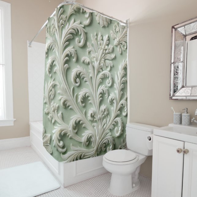 Rideaux De Douche Blanc Damask Floral Pattern Vert doux Arrière - pl (En situation)