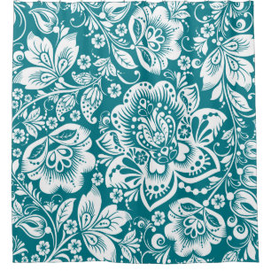 Rideaux De Douche Blanc et bleu vert baroque motif floral