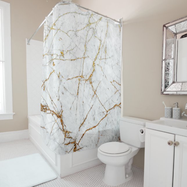 Rideaux De Douche Blanc et marbre d'or (En situation)
