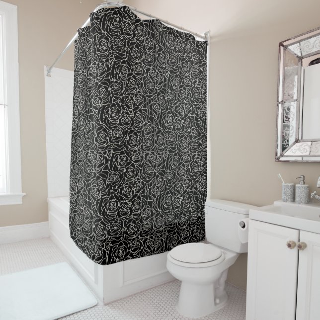 Rideaux De Douche Blanc moderne sur Motif Rose noir (En situation)