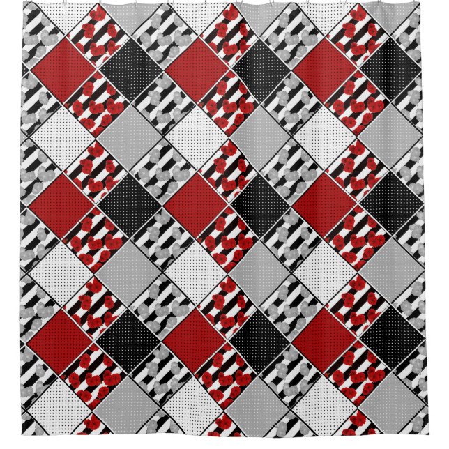 Rideaux De Douche Blanc noir avec patchwork rétro rouge (Devant)