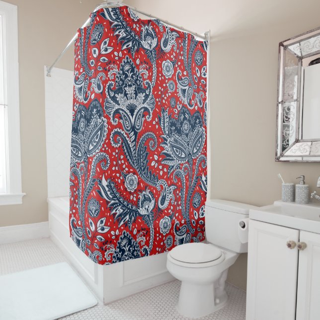 Rideaux De Douche Blanc rouge et bleu Floral Paisley Bohemian Boho (En situation)