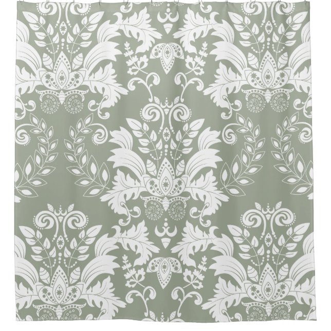 Rideaux De Douche Blanc & Sage Vert Orné Floral Design (Devant)