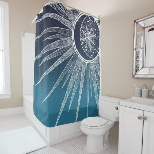 Rideaux De Douche Blanc Sun Moon Mandala Blue Gradient Design