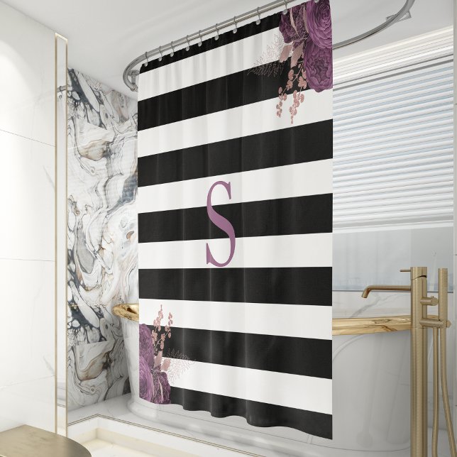 Rideaux De Douche Blancs noirs Rose  or Floral Monogramme (Créateur téléchargé)