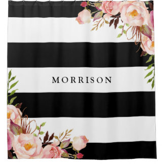 Rideaux De Douche Blancs noirs Vintages Monogramme floral