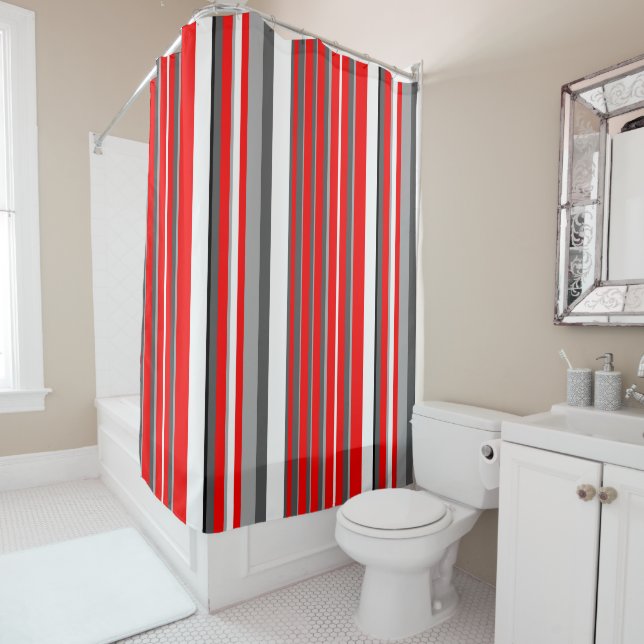 Rideaux De Douche Blancs rouges et gris (En situation)