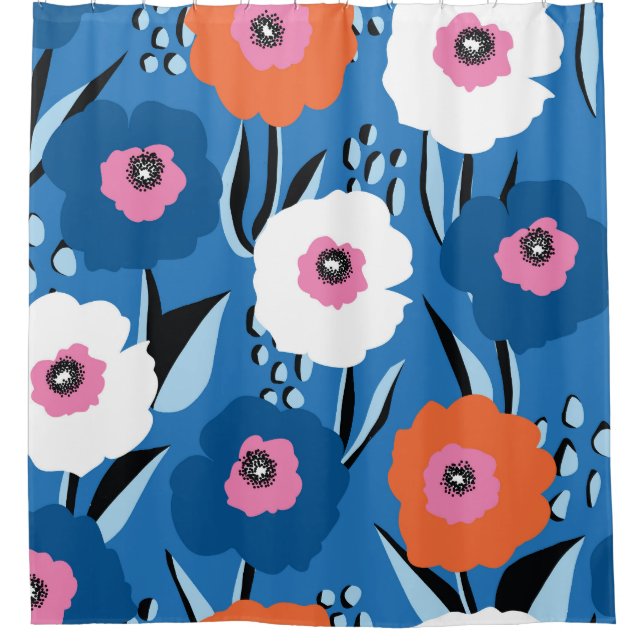 Rideaux De Douche Bleu Blanc Rouge : Scandinave Florale. (Devant)