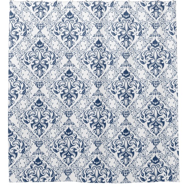 Rideaux De Douche Bleu blanc Vintage Damask motif élégant (Devant)